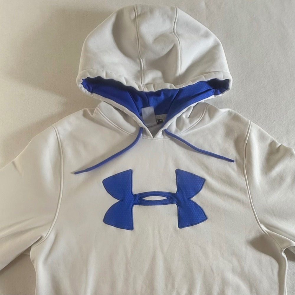 Under Armour Hoodie Men Large Loose Fit Embroidered Logo White Blue